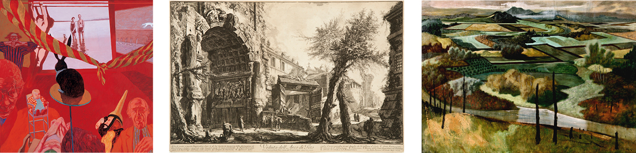 George Johanson, “Black Rabbit's Red Room,” 1978; Giovanni Battista Piranesi, “Veduta dell' Arco di Tito” (View of the Arch of Titus), from "Vedute di Roma" (Views of Rome), 1760; Carl Hall, “Earth, That is Sufficient (Willamette Valley),” 1950.