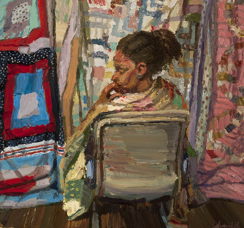 Sedrick Huckaby (American, born 1975), “She Wore Her Mother’s Quilt,” 2015, oil on canvas