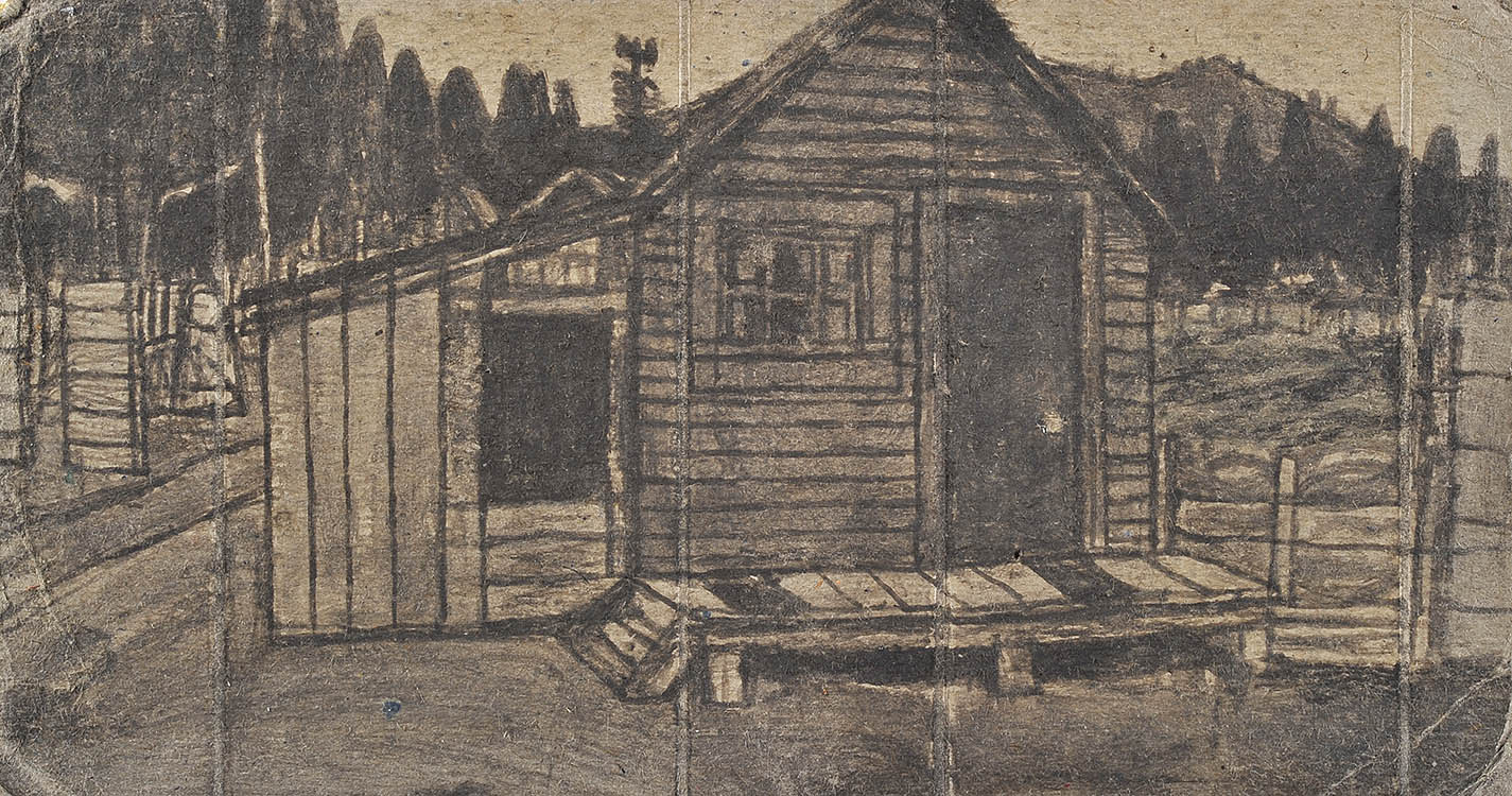 James Castle (American, 1900-1977), Cabin, no date, charcoal soot drawing on cardboard, 4 1/2" x 8 1/2", Collection of HFMA