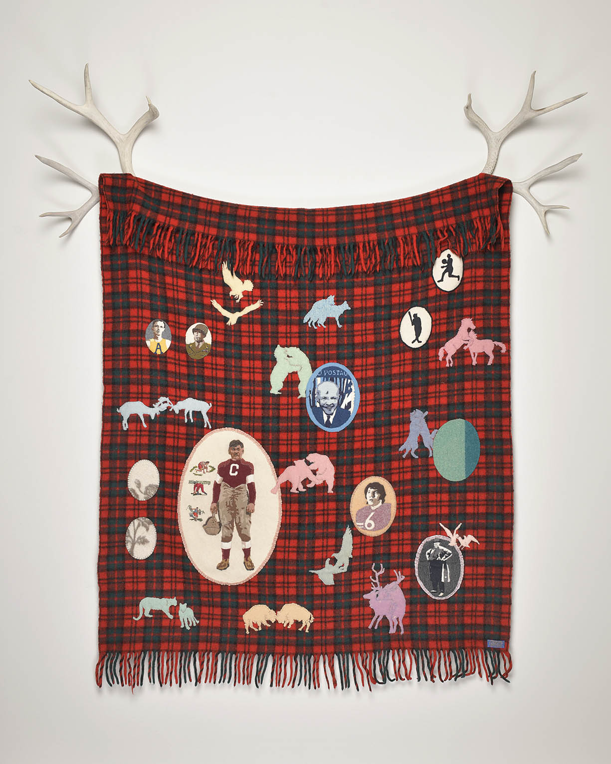 02. Marie Watt (Seneca, born 1968), Stadium: Jim Thorpe and Relations, 2008, Reclaimed wool blankets,